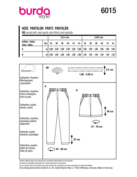 Patron Burda 6015 - Pantalon à taille élastique coupe cônique et Short
