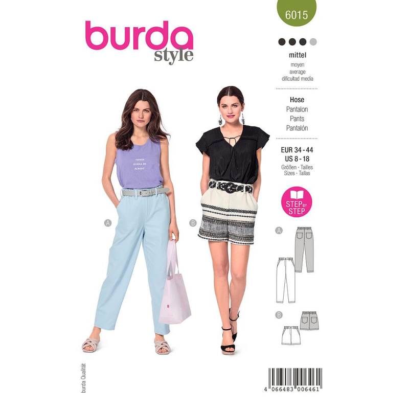 Patron Burda 6015 - Pantalon à taille élastique coupe cônique et Short