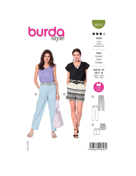 Patron Burda 6015 - Pantalon à taille élastique coupe cônique et Short