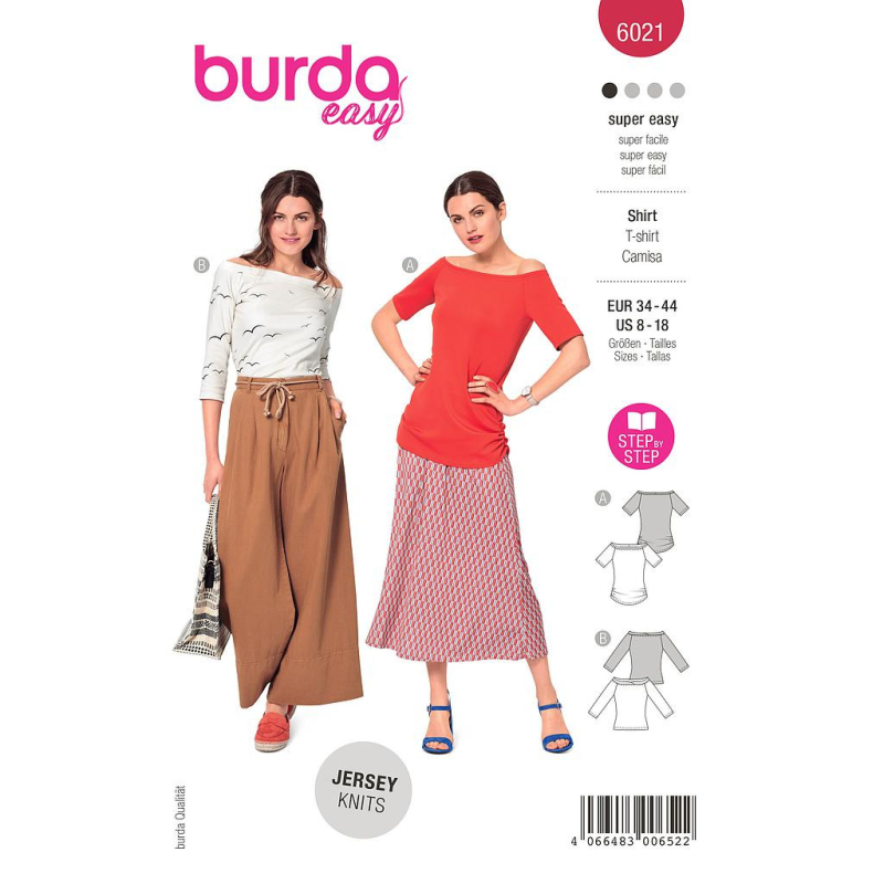 Patron Burda 6021 - T-shirts encolure Carmen, variations de manches