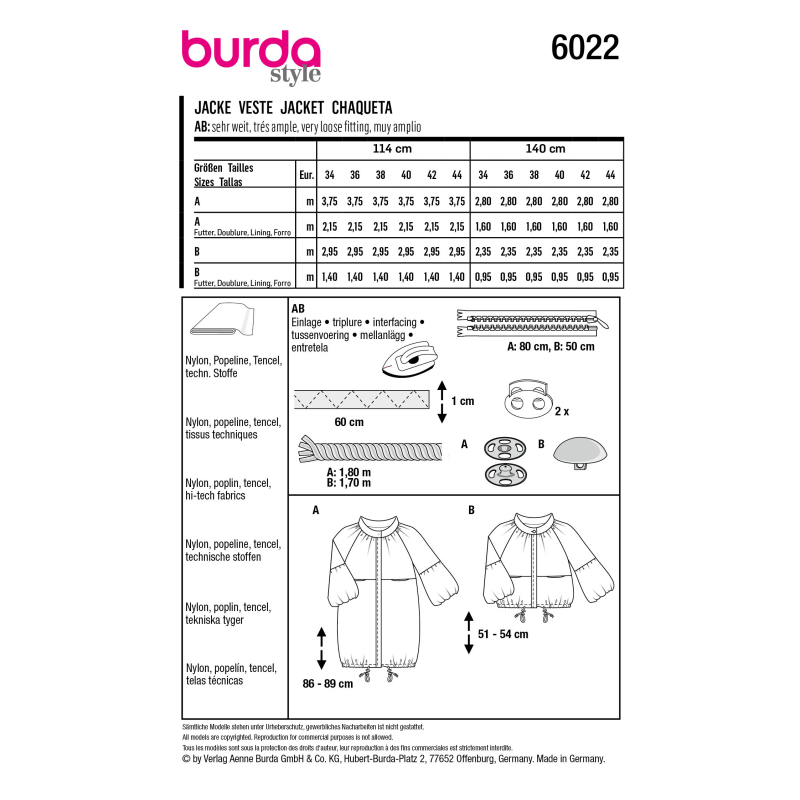 Patron Burda 6022 - Vestes style Parka avec variations