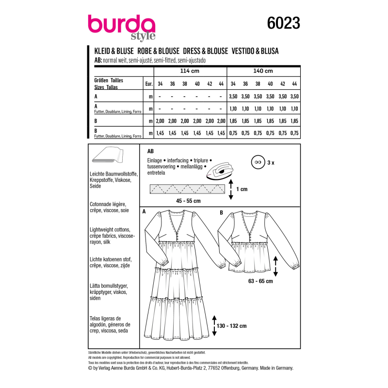 Patron Burda 6023 - Robes et blouses encolure V avec boutons