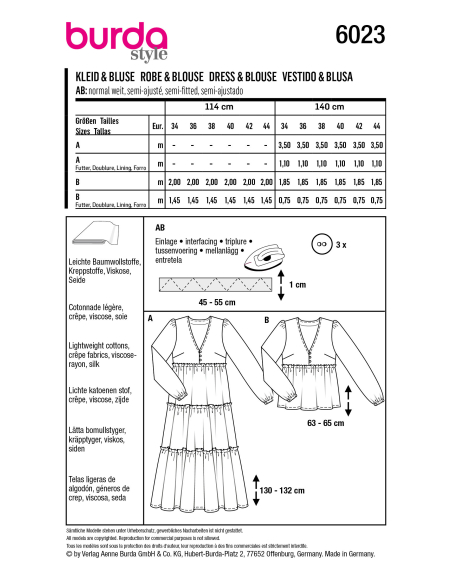 Patron Burda 6023 - Robes et blouses encolure V avec boutons
