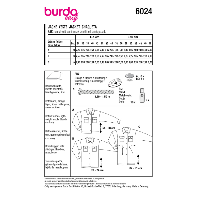 Patron Burda 6024 - Vestes sportives style chemises canadiennes