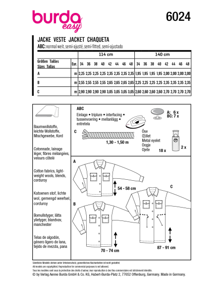 Patron Burda 6024 - Vestes sportives style chemises canadiennes