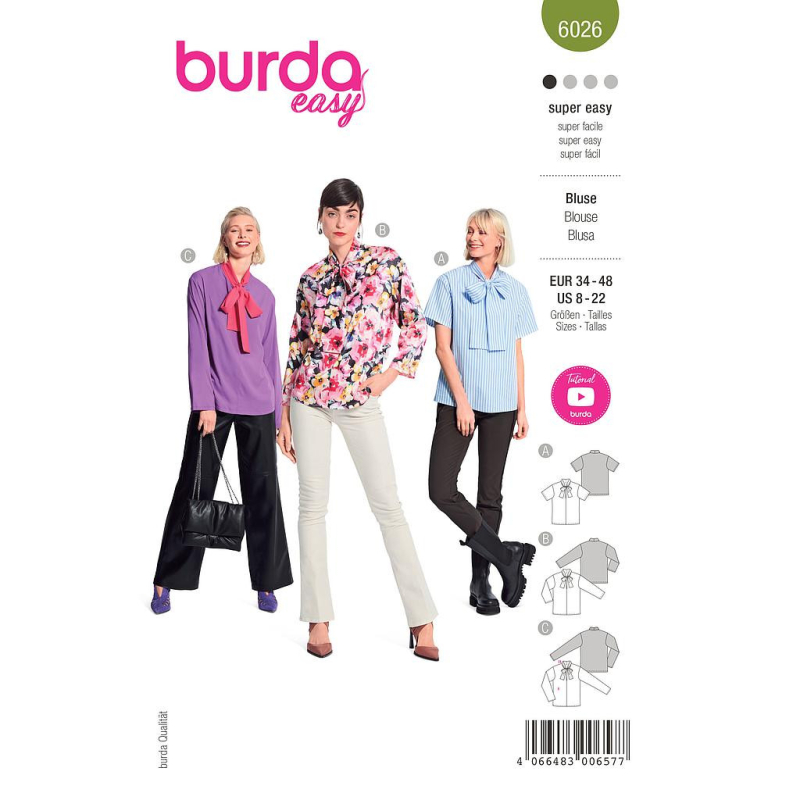 Patron Burda 6026 - Blouses col lavallière, variations de manches