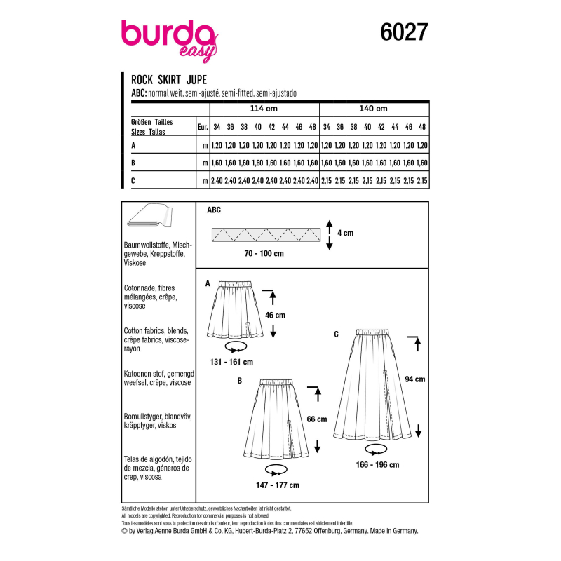 Patron Burda 6027 - Jupes à pans évasées, variations de longueurs