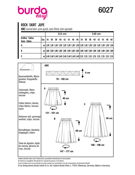 Patron Burda 6027 - Jupes à pans évasées, variations de longueurs