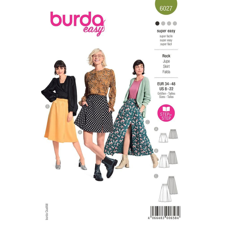 Patron Burda 6027 - Jupes à pans évasées, variations de longueurs