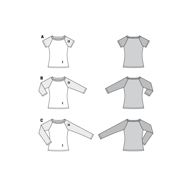Patron Burda 6028 - T-shirts près du corps, manches raglan et encolure arrondie