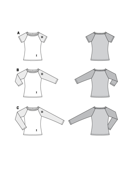 Patron Burda 6028 - T-shirts près du corps, manches raglan et encolure arrondie