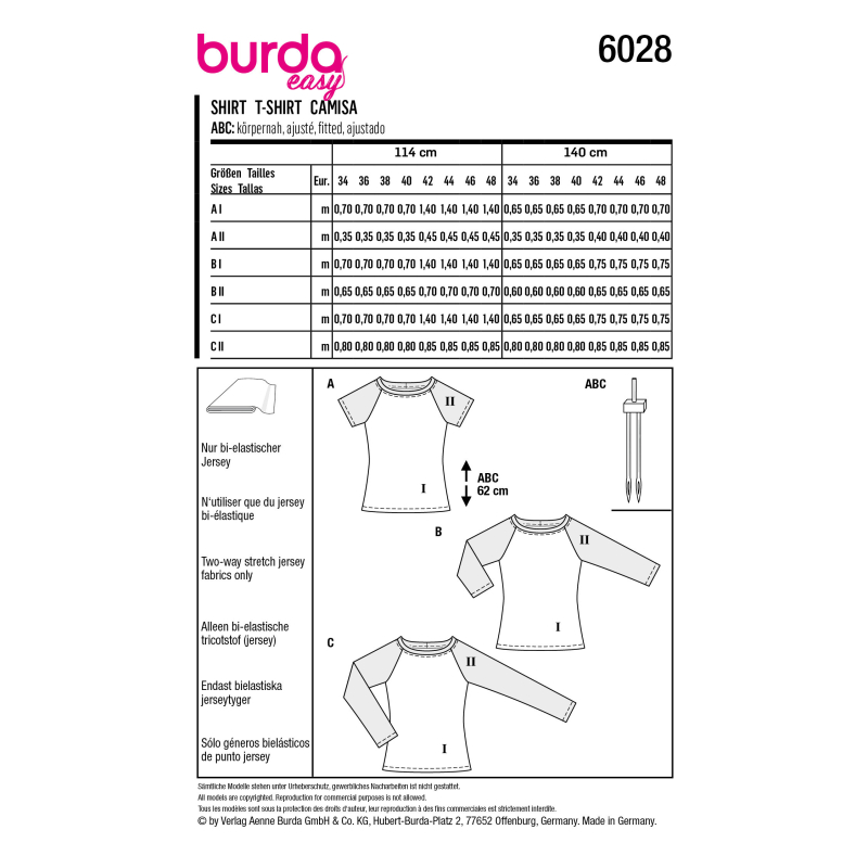 Patron Burda 6028 - T-shirts près du corps, manches raglan et encolure arrondie