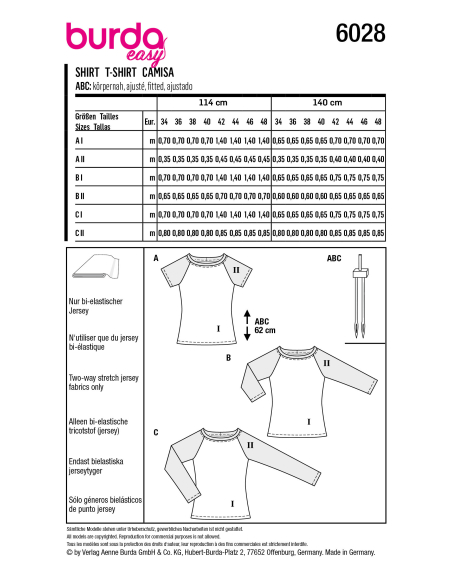 Patron Burda 6028 - T-shirts près du corps, manches raglan et encolure arrondie