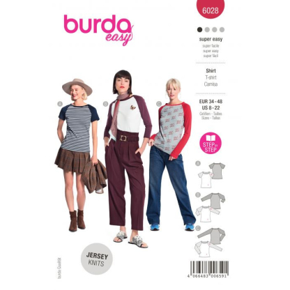 Patron Burda 6028 - T-shirts près du corps, manches raglan et encolure arrondie