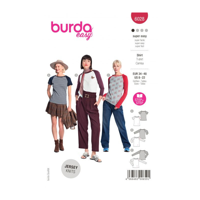 Patron Burda 6028 - T-shirts près du corps, manches raglan et encolure arrondie