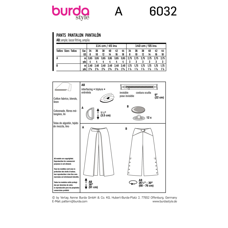 Patron Burda 6032 - Pantalons avec pans latéraux