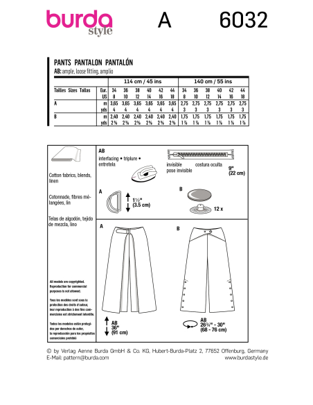 Patron Burda 6032 - Pantalons avec pans latéraux