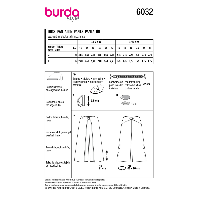 Patron Burda 6032 - Pantalons avec pans latéraux