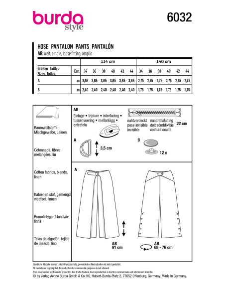 Patron Burda 6032 - Pantalons avec pans latéraux