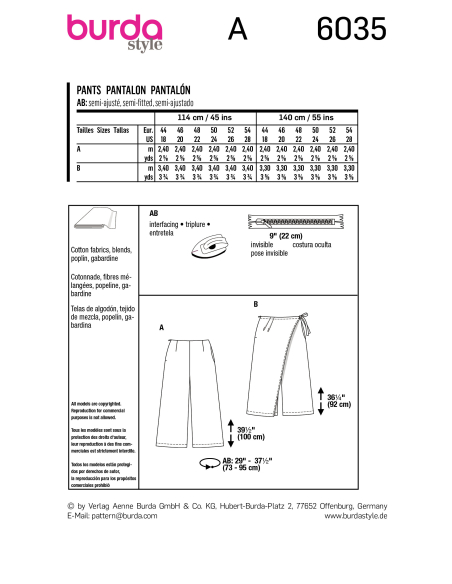 Patron Burda 6035 - Pantalon et Jupe- culotte avec pan de surjupe