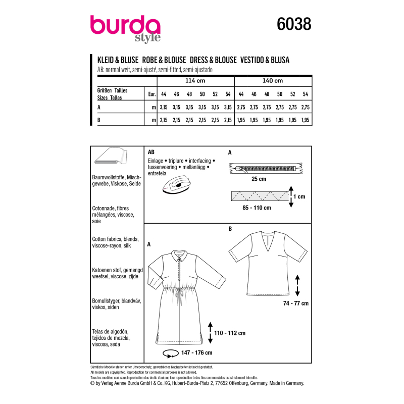 Patron Burda 6038 - Robe chemise ou chemise avec fermeture à glissière au devant