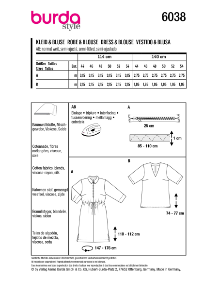Patron Burda 6038 - Robe chemise ou chemise avec fermeture à glissière au devant