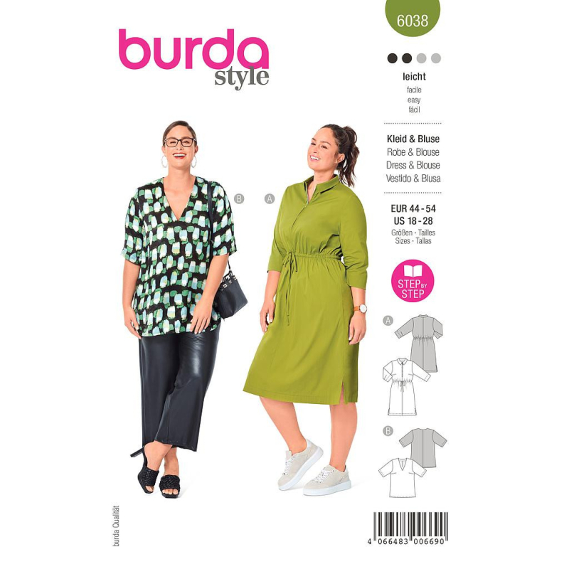 Patron Burda 6038 - Robe chemise ou chemise avec fermeture à glissière au devant