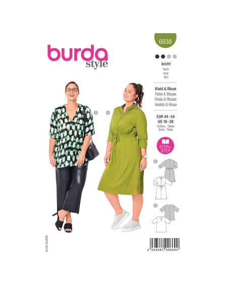 Patron Burda 6038 - Robe chemise ou chemise avec fermeture à glissière au devant