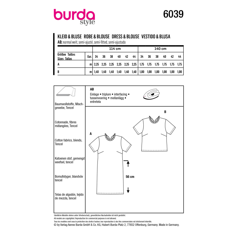 Patron Burda 6039 - Robe et blouse avec décolleté V dans le dos