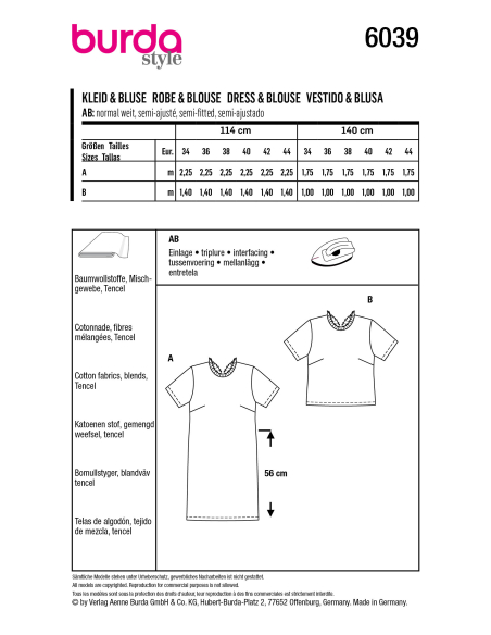 Patron Burda 6039 - Robe et blouse avec décolleté V dans le dos