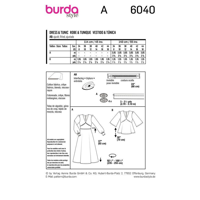 Patron Burda 6040 - Robe et blouse encolure V et manches froncées
