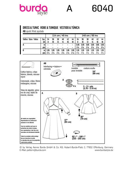 Patron Burda 6040 - Robe et blouse encolure V et manches froncées