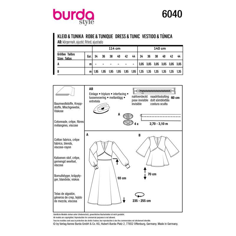 Patron Burda 6040 - Robe et blouse encolure V et manches froncées