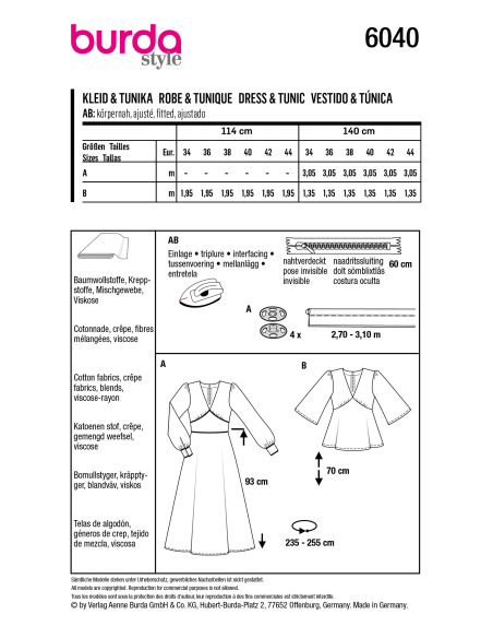 Patron Burda 6040 - Robe et blouse encolure V et manches froncées