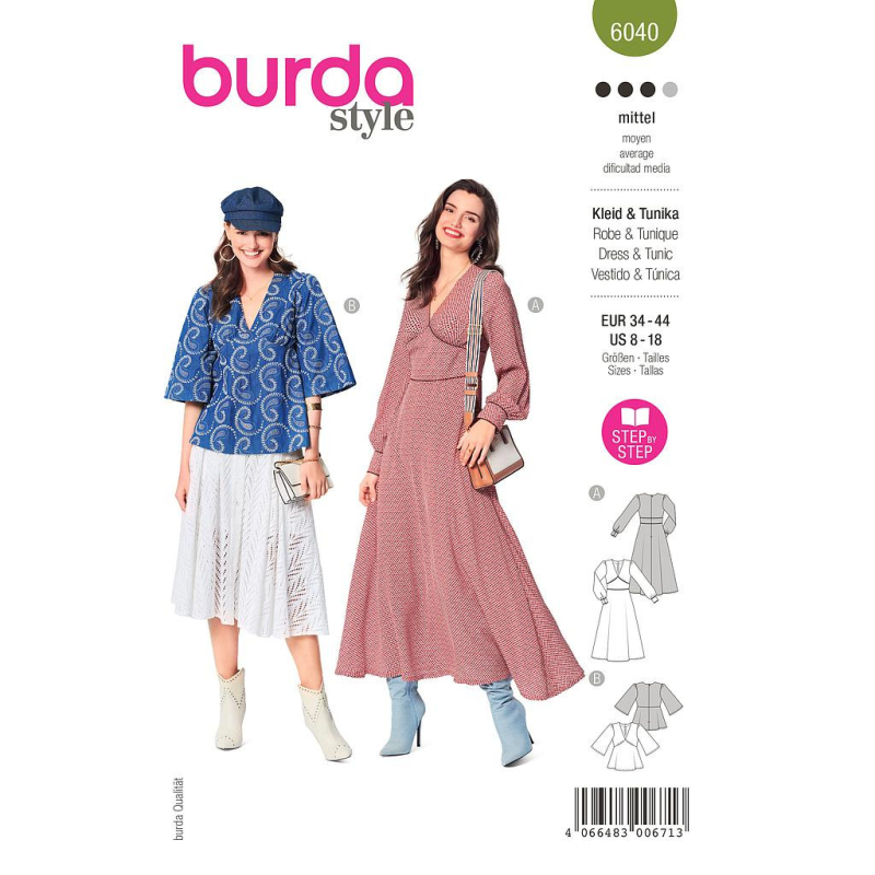 Patron Burda 6040 - Robe et blouse encolure V et manches froncées