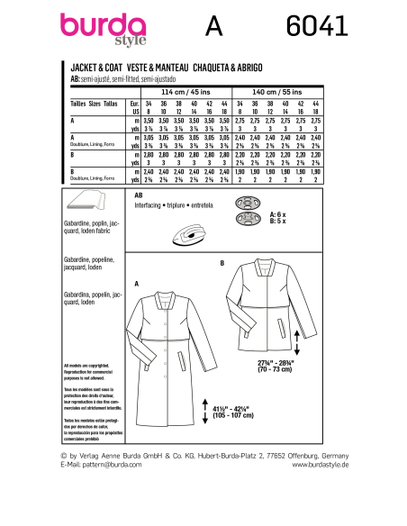 Patron Burda 6041 - Manteau et Veste avec bavolet et petit col montant
