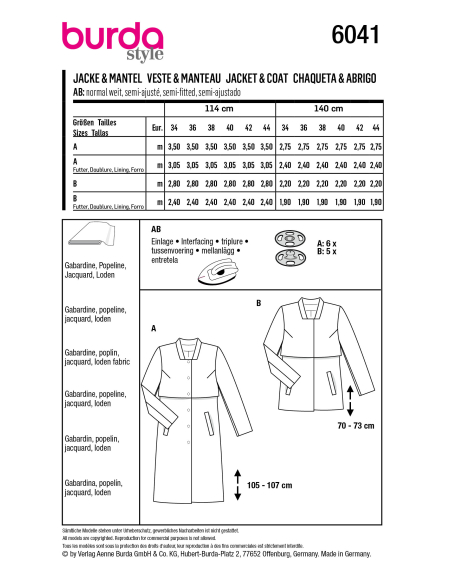 Patron Burda 6041 - Manteau et Veste avec bavolet et petit col montant