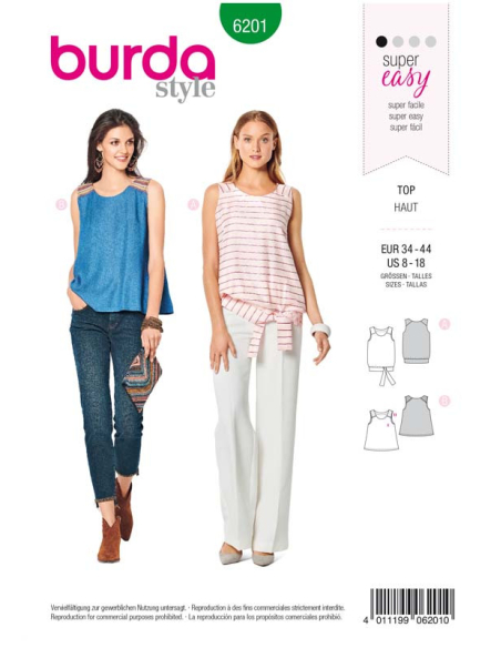 Patron Burda 6201 - Top trapèze femme col rond avec ou sans ceinture ruban