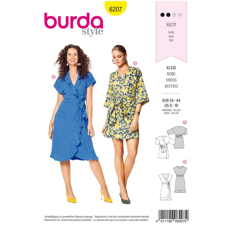 Patron Burda 6207 - Robe kimono portefeuille arrondie et volantée avec ceinture nœud ruban