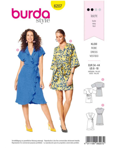 Patron Burda 6207 - Robe kimono portefeuille arrondie et volantée avec ceinture nœud ruban