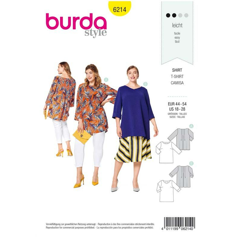 Patron Burda 6214 - T-Shirt blouse droite plis plat dans le dos