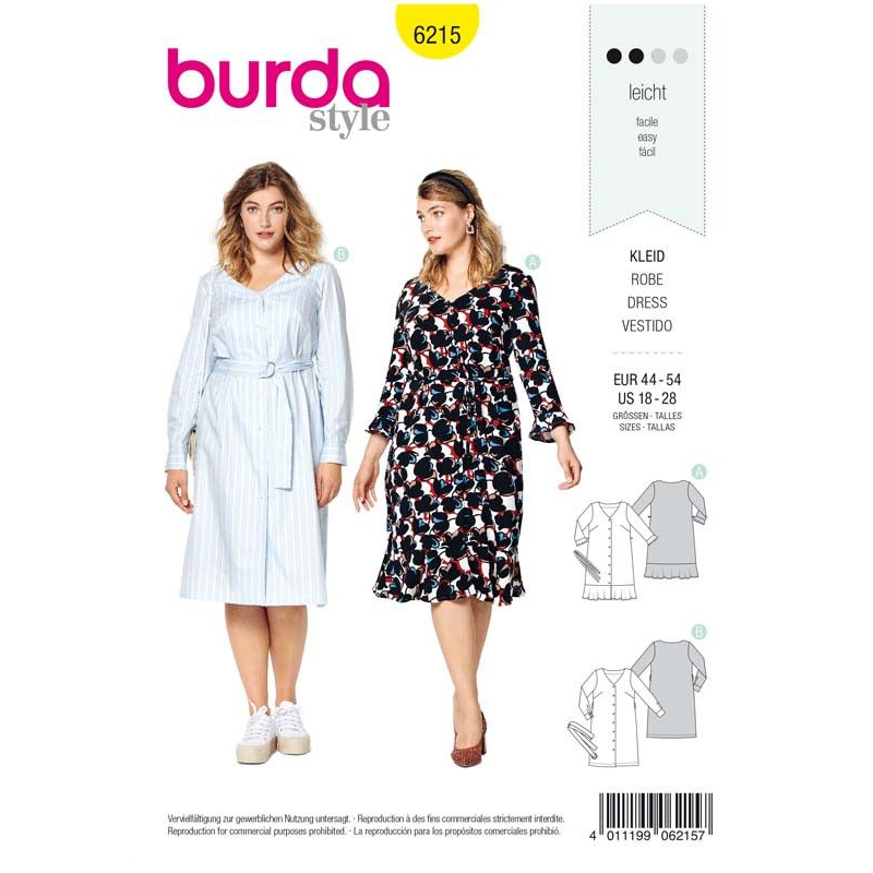 Patron Burda 6215 - Robe chemise encolure V avec ou sans jupe volantée