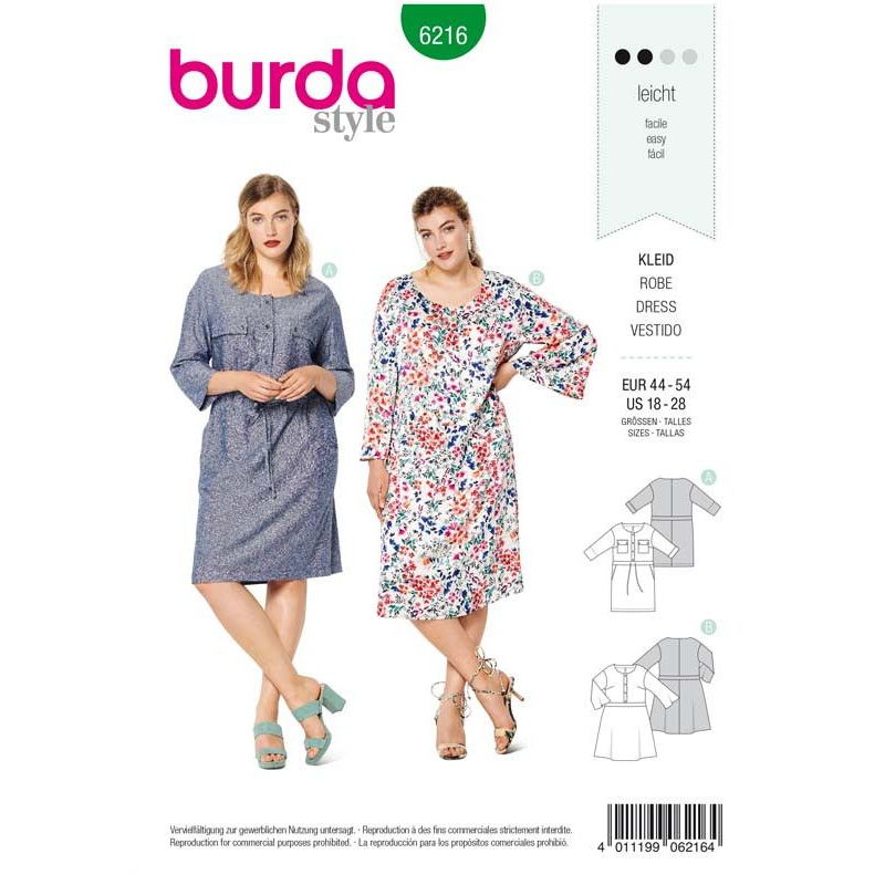 Patron Burda 6216 - Robes safari col rond et boutonné jupe droite ou trapèze