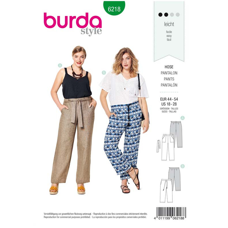 Patron Burda 6218 - Pantalon ou pantacourt femme droit poches invisibles ou plaquées