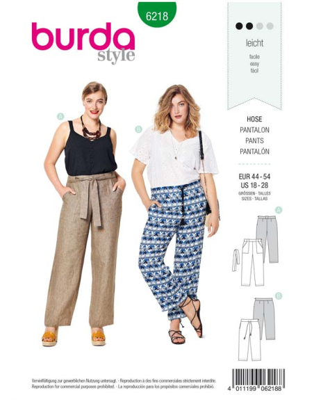 Patron Burda 6218 - Pantalon ou pantacourt femme droit poches invisibles ou plaquées