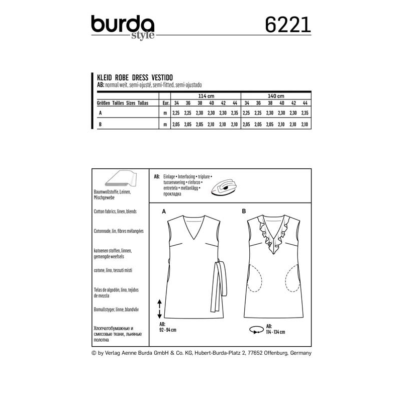Patron Burda 6221 - Robe trapèze sans manche encolure en V avec ou sans volant
