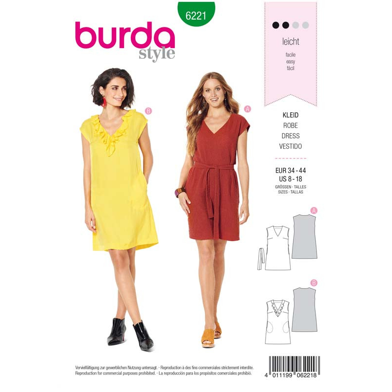 Patron Burda 6221 - Robe trapèze sans manche encolure en V avec ou sans volant