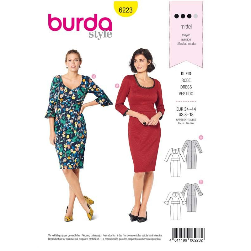 Patron Burda 6223 - Robe fourreau coutures princesses avec parement de taille - deux formes d'encolure