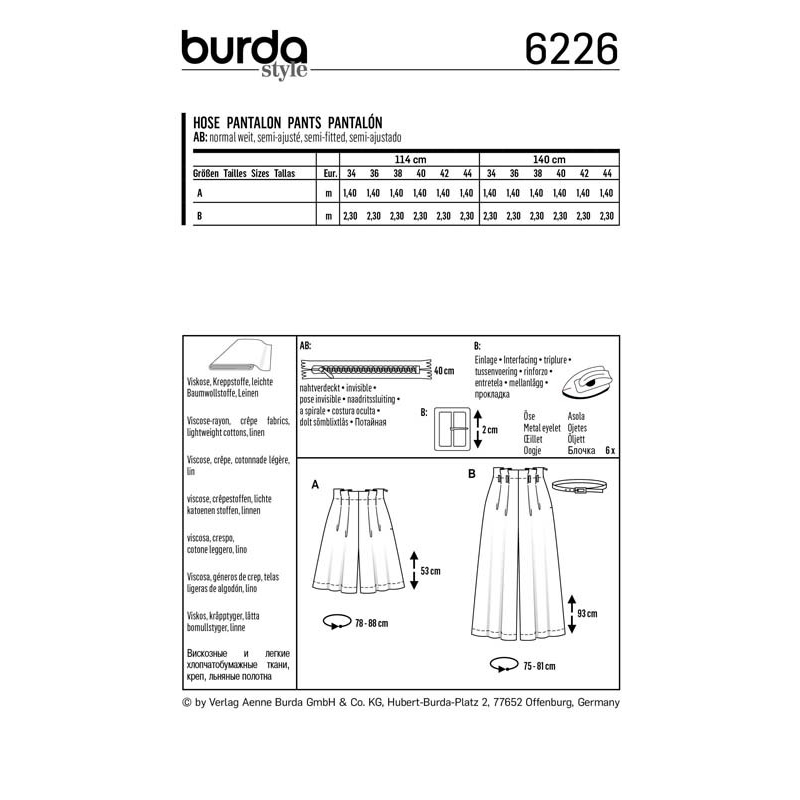 Patron Burda 6226 - Bermuda femme ou pantalon façon jupe - culotte taille haute