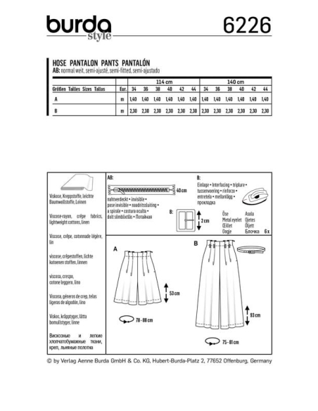 Patron Burda 6226 - Bermuda femme ou pantalon façon jupe - culotte taille haute